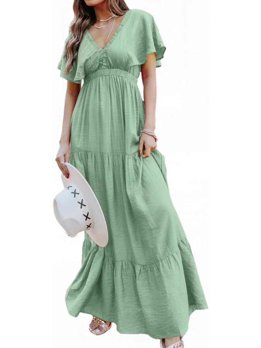 Boho Floral Maxi Dress for Women - Casual Short Sleeve V-Neck, Flowy Ruffle